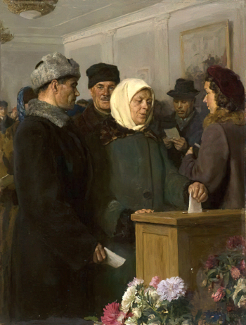 Кугач Юрий Петрович. За наших кандидатов. Холст, масло. 79х60. 1951. Челябинский государственный музей изобразительных искусств.