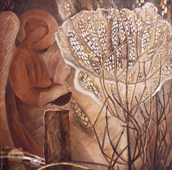 Мишута Елена Васильевна. Ангел прилетел. Холст, масло, поталь. 50х50. 2022. Собрание художника.