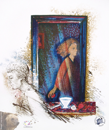 Смирнова Екатерина Борисовна. История с яблоками. Лист 1. Бумага, цветная литография. 25х20. 1998. Частное собрание.