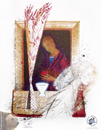 Смирнова Екатерина Борисовна. История с яблоками. Лист 2. Бумага, цветная литография. 25х20. 1998. Частное собрание.