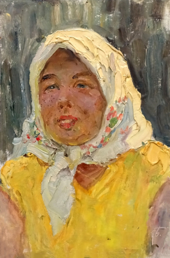 Бородин Алексей Иванович. Женщина в платке. Картон, масло. 26х17. 1960-е. Волгоградский областной краеведческий музей.