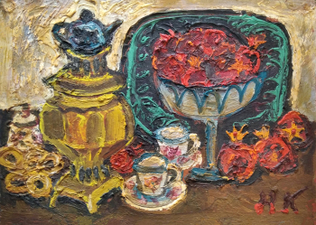 Куц Николай Константинович. Натюрморт с самоваром. Картон, масло. 28,2х39. 1979. Государственный историко-культурный и природный музей-заповедник А.С.Грибоедова `Хмелита`.