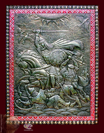 Морозов Виктор Андреевич. Куликовская битва. Схватка. Алюминий, чернение, масло. 82х61. 2012. Собрание семьи художника.