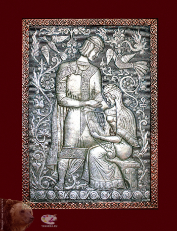 Морозов Виктор Андреевич. Молодые годы Петра и Февронии Муромских. Алюминий, медь, чернение. 73х51. 2008. Собрание семьи художника.
