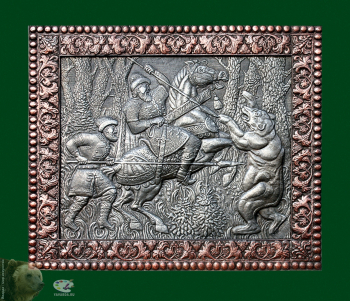 Морозов Виктор Андреевич. Охота на медведя. Алюминий, медь, чернение. 80х97. 2011. Собрание семьи художника.