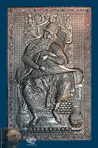 Морозов Виктор Андреевич. Гусляр. Алюминий, медь, чернение. 102х63. 2013. Собрание семьи художника.