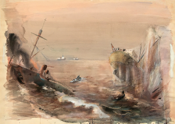 Траугот Георгий Николаевич. Морской бой. Бумага, акварель, пастель. 39х53,8. 1941-1942. Государственный Русский музей.