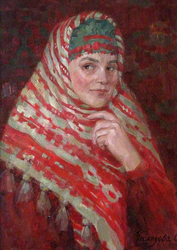 Ческидова Ольга Юрьевна. Автопортрет в русском платке. Холст, масло. 50х70. 2016. Авторское собрание.
