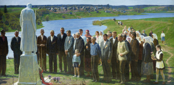 Кугач Михаил Юрьевич. 9 мая. Торжественный митинг. Холст на картоне, масло. 140х275. До 1987 года. Ставропольский краевой музей изобразительных искусств.