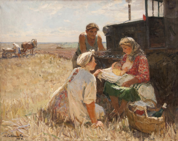 Савченкова Мария Владимировна. Первенец на новых землях. Холст, масло. 80,5х100,5. 1954. Тамбовская областная картинная галерея.