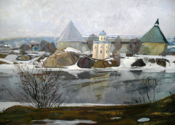 Огурцов Олег Фёдорович. Весна в Волхове. Холст, масло. 75х119. 1977. Валуйский историко-художественный музей.