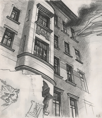 Харшак Андрей Александрович. Конец нехорошей квартиры. Бумага, карандаш. 38,3х28. 1987. Музей М.А.Булгакова.