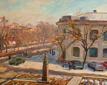 Зонов Виктор Алексеевич. Весенняя оттепель в Сальске. ДВП, масло. 48х55. 1998. Сальский музей имени Народного художника В.К.Нечитайло.