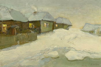 Ряузов Борис Яковлевич. Соседи (Зимние избы). Картон, масло. 16,5х24,5. 1988. Краснодарский краевой художественный музей имени Ф.А.Коваленко.