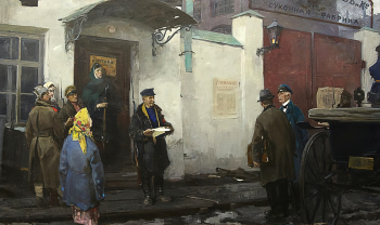 Казанцев Анатолий Алексеевич. Стачка текстильщиков Ивано-Кинешемского района в 1917 года. Холст, масло. 150х251. 20 век. Государственный музей политической истории России.
