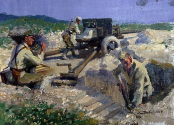 Бабков Сергей Фёдорович. В окопах. На Курской дуге. Холст, масло. 34,5х49. 1964. Военно-исторический музей артиллерии, инженерных войск и войск связи.