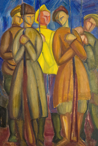 Вериго Магдалина Брониславовна. Красноармейцы. Картон, масло. 69х46. 1920. Томский областной художественный музей.