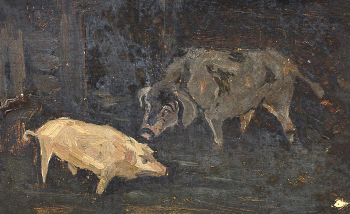 Ладыженский Геннадий Александрович. Свиньи. Этюд. Холст, масло. 21х34. 1870-е. Кологривский краеведческий музей имени Г.А.Ладыженского.