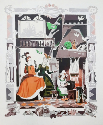 Завьялова Галина Петровна. Золушка. Картон, линогравюра. 43,5х35,5. 1970-е. Щёлковский историко-краеведческий музей.