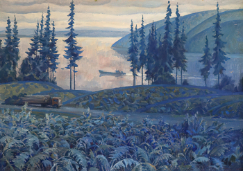 Сотсков Геннадий Алексеевич. Амур - река трудовая. ДВП, масло. 70х100. 1981. Музей Мирового океана.