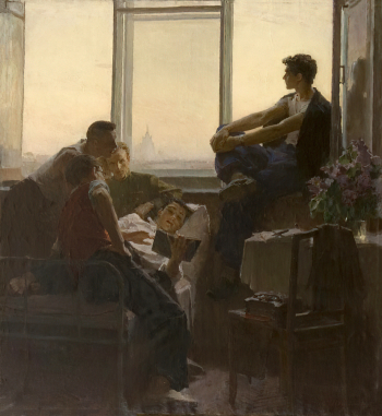 Шильников Сергей Николаевич. Студенты. Холст, масло. 166,5х155. 1952. Научно-исследовательский музей при Российской Академии художеств.