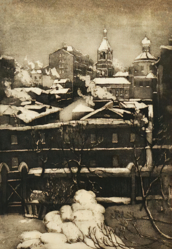 Фалилеев Вадим Дмитриевич. Московский пейзаж. Бумага, офорт. 43,7х30,2. 1920-е. Пензенская областная картинная галерея имени К.А.Савицкого.