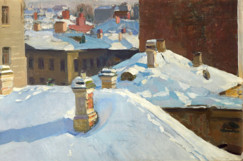 Васнецов Аполлинарий Михайлович. Зимний городской пейзаж. Вид из окна. Крыши. Фурманный переулок. Холст на картоне, масло. 35,5х53,5. 1925. Государственная Третьяковская галерея.