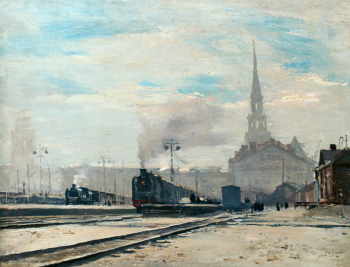 Морозов Александр Иванович (1902-1997). Казанский вокзал. Холст, масло. 34,7х44,7. 1947. Ивановский областной художественный музей.