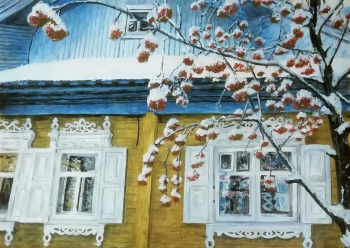 Позднякова Татьяна Михайловна. Зима. Деревянная Тара. Бумага, акрил. 29,5х42. 2021. Тарский художественный музей.