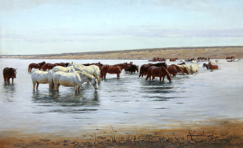 Зоммер Рихард-Карл Карлович. Лошади на водопое. Холст на картоне, масло. 57х92. До 1927 года. Омский областной музей изобразительных искусств имени М.А.Врубеля.