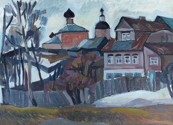 Мухин Алексей Петрович. Церковь в Заволжье. Картон, масло. 35х49,6. 1980. Центр русского художественного искусства.