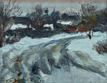 Румянцев Сергей Сергеевич. Весенняя улица в Заволжье. Картон, масло. 20х25. 1990. Костромской государственный историко-архитектурный и художественный музей-заповедник.