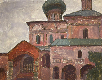 Кринский Владимир Фёдорович. Древнерусский храм. Картон, масло. 26,6х33,8. 1940-1960. Музей МАРХИ.