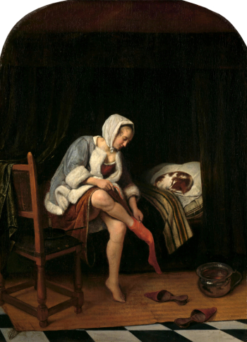 Ян Хавикзоон Стен (Ян Стэн) (1626-1679). Женский туалет. Доска, масло. 37х27,5. 1659-1660. Рейксмюсеум.