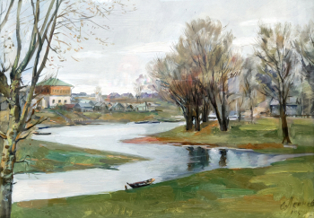 Леонов Александр Александрович. Рабочая (вшивая) горка в Пучеже. Картон, масло. 35х49. 1952. Краеведческий музей Пучежского муниципального района.