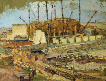 Модоров Фёдор Александрович. Стройка Рыбинской плотины. Холст, масло. 61х79,5. 1938. Воронежский областной художественный музей имени И.Н.Крамского.