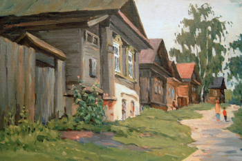 Лукин Валентин Павлович. Улица старого Чкаловска. Бумага, масло. 28х38. 2001. Центр туризма `Русские крылья`.