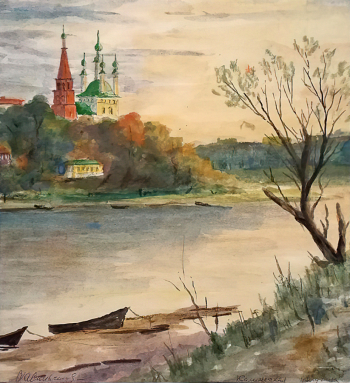 Васильчиков Сергей Александрович. Калужская излучина. Бумага на картоне, акварель. 47х39,3. 20 век. Калужский объединенный музей-заповедник.