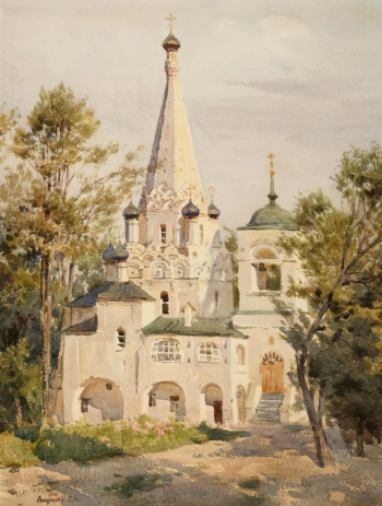 Андрияка Сергей Николаевич. Церковь Покрова Пресвятой Богородицы в Медведкове. Бумага, акварель. 84х60. 1991. Музейное объединение `Музей Москвы`.