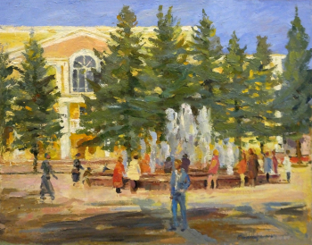 Самойленко Сергей Яковлевич. Площадь Собина в Долгопрудном. Холст, масло. 40х50. 2007. Долгопрудненский историко-художественный музей.