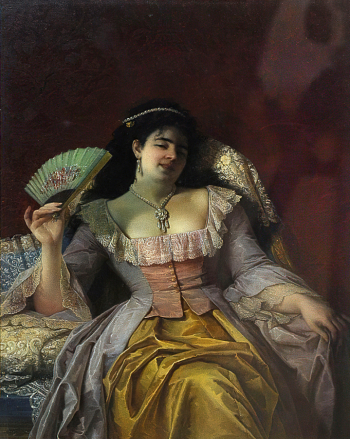 Риццони Александр Антонович. Дама с веером. Доска, масло. 25х19,5. 1889. Оренбургский областной музей изобразительных искусств.