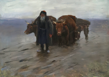 Греков Митрофан Борисович. Старик с волами. Картон, масло. 36х50,5. 1929. Государственная Третьяковская галерея.