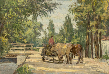 Гусак Григорий Виссарионович. Пейзаж с волами. Хасавюрт. Картон, масло. 23,7х34,4. 1950. Дальневосточный художественный музей.