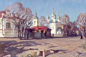 Илюхин Владимир Дмитриевич. Церковь на Демократической улице. Картон, масло. 46х70. 1962. Мордовский республиканский объединенный краеведческий музей имени И.Д.Воронина.