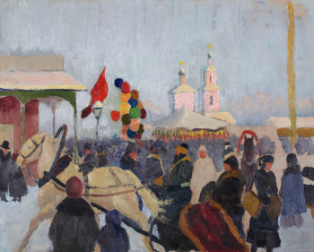 Туранский Иван Иванович. Уличная сценка зимой. Картон, масло. 35х44,2. 1917. Пермская государственная художественная галерея.