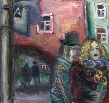 Григорьева Екатерина Евгеньевна. У остановки автобуса. Холст, масло. 80х75. 1985. Московский музей современного искусства.