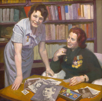 Фролова-Багреева Лидия Фёдоровна. Однополчане вспоминают. Холст, масло. 100х100. 1976. Государственный мемориальный музей обороны и блокады Ленинграда.