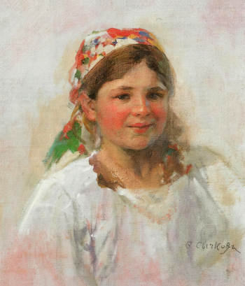 Сычков Федот Васильевич. Девушка в цветной косынке. Холст, масло. 41,5х37,8. До 1958 года. Химкинская картинная галерея имени С.Н.Горшина.