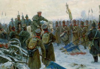 Жигимонт Пётр Иванович. Кутузов поздравляет солдат с победой. Война и мир. Картон, масло. 49х49,5. 1950. Музей-усадьба Л.Н.Толстого Ясная Поляна.