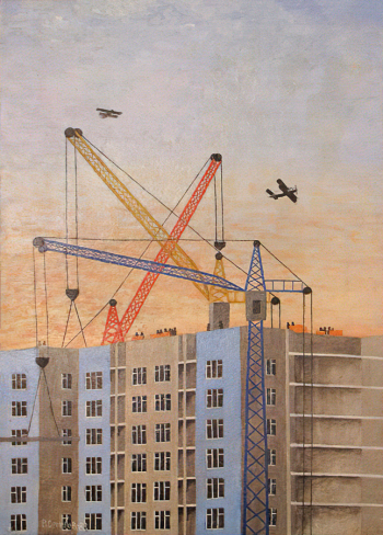 Семёнов Владимир Фёдорович. Строительные краны. Картон, масло. 70х49. 1988. Музей русского лубка и наивного искусства.